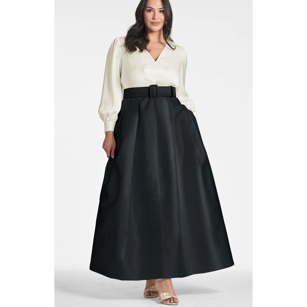 NWD $895 Sachin & Babi [ 20W ] Zoe V Neck Box Pleat Ball‎ Gown Ivory Black - Picture 14 of 14